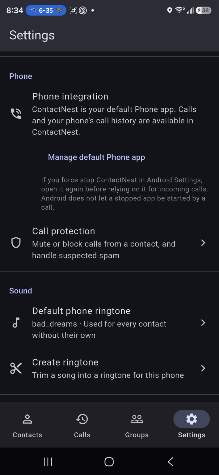 ContactNest Settings showing Phone integration and ringtone tools