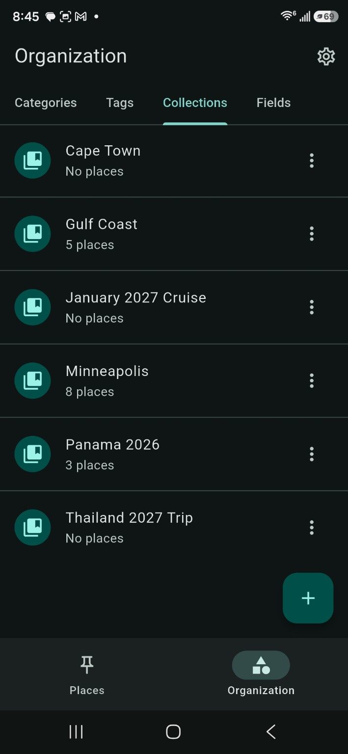 PinKeep collections screen grouping saved places by trip and city