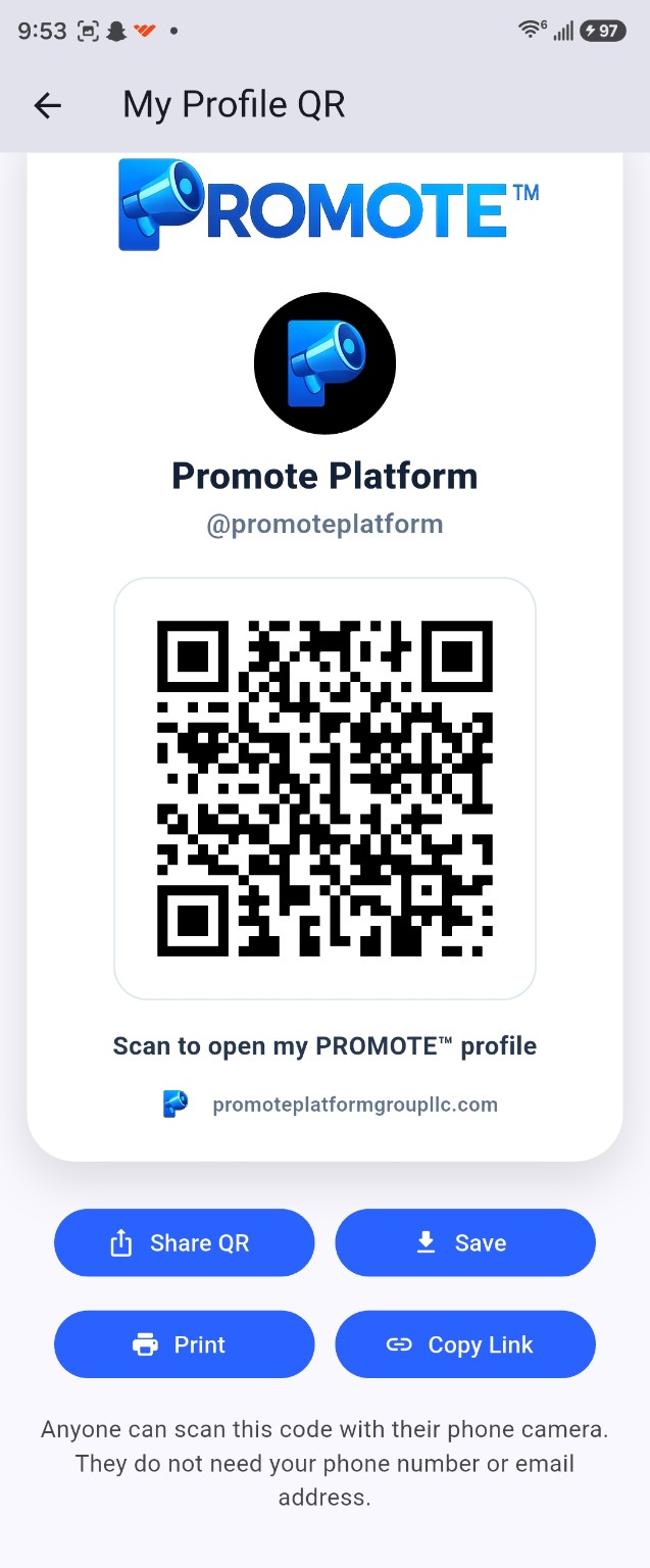 PROMOTE™ personal profile QR code screen
