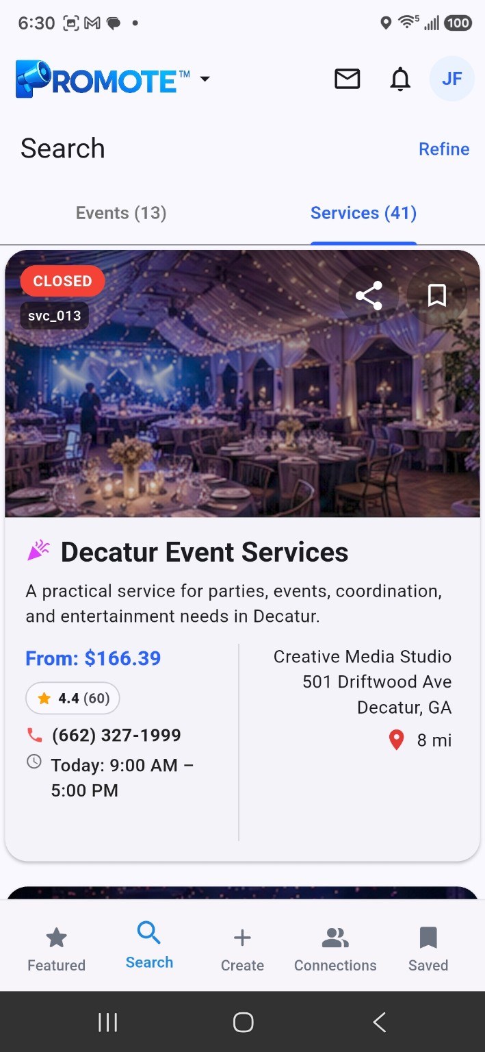 Service search results in Promote